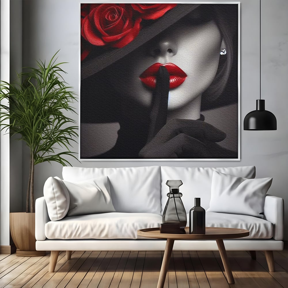 Tablou canvas cu tablou portret femeie cu trandafiri rosii, in rama de aluminiu argintiu, pe perete intr-un living